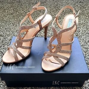 INC Champagne Jeweled Strappy Heels Size US 10